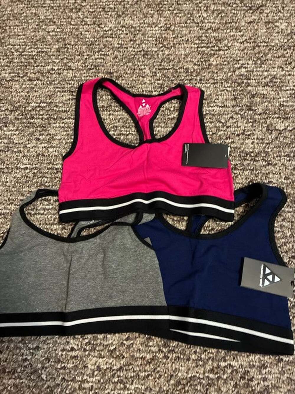 Set of three nwt women’s medium sports bras cotton racerback pink blue gray